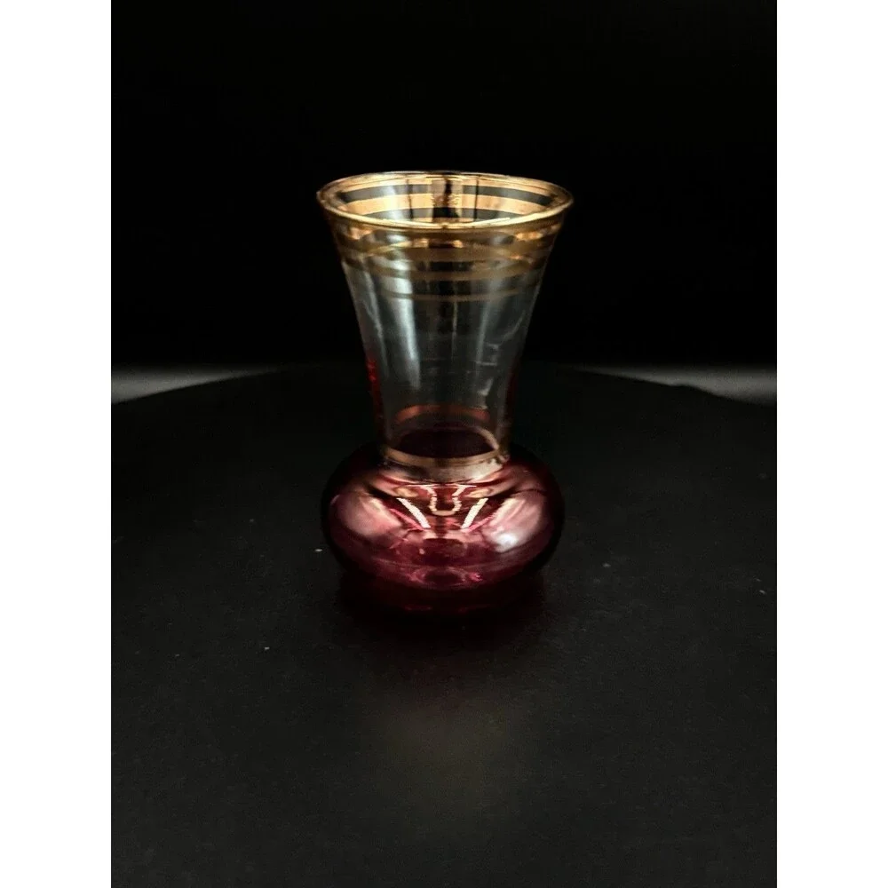 Pair Of Vintage Aperitif Luster Glass Vases Amber & Cranberry with Gold Trim MCM
